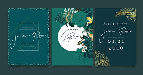 Mix Emerald dark teal green Luxury Wedding Invitation, floral invite thank you, rsvp modern card Design in white rose with leaf greenery branches decorative Vector elegant rustic template