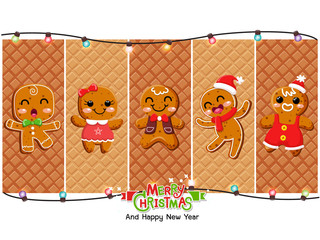 Christmas vector icons Gingerbread man cookie set. Celebration event for topics like Christmas, new year, decoration. Vector clipart illustration on color background