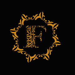 the F font style arabian islamic letter logo design with black background