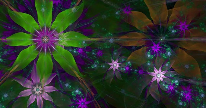 Rapid color changing abstract modern fractal video with twisted interconnected psychedelic space flowers with intricate decorative  pattern surrounding them in glowing colors, 4k, 4096p, 25fps