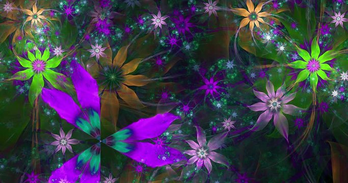 Rapid color changing abstract modern fractal video with twisted interconnected psychedelic space flowers with intricate decorative  pattern surrounding them in glowing colors, 4k, 4096p, 25fps