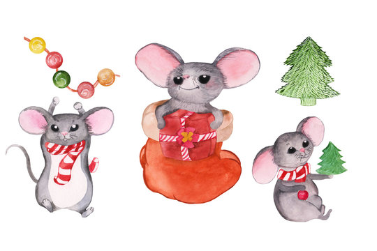 Set of pictures of gray mice in scarves,a New Year’s mouse sitting in a warm mittens, hanging on a garland and sitting with a Christmas tree.Elements are painted in watercolor, isolated.For card,decor