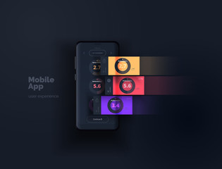 Layout mobile app. A mobile device with a user interface layout with active blocks in layers. User experience design. Vector illustration.