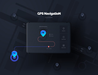 Mobile device with a layout app for orient. Gps navigation system. Mobile application for navigation. Gps smart tracker. Mobile phone is a mark on the map. Modern vector illustration 