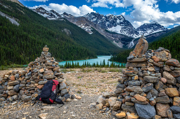View ro the beautiful canadian landscape with tarquin lake and snowy mountains in the background,...