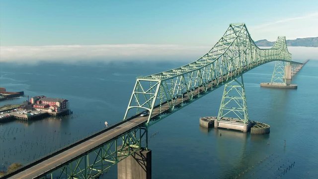 Aerial flying over the Astoria - Megler bridge that spans the Columbia River. Oregon. USA