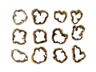 Collection of burnt holes in a piece of paper isolated on white background. Fire holes in white paper.