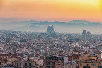 Fototapeta na wymiar Barcelona Spain, aerial view sunrise city skyline at city center