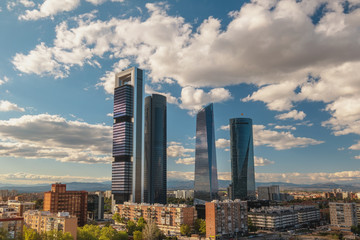 Obraz premium Madrid Spain, sunset city skyline at financial district center with four towers