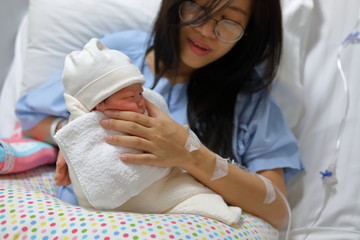 Obraz na płótnie Canvas mother parenting, mom using hand help a baby newborn belch burping after breastfeeding milk