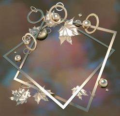 Abstract composition of Golden flying details: frames, leaves, rings and balls. 3D illustration