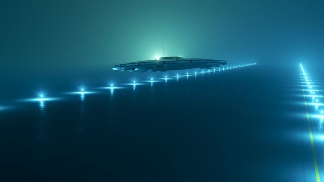 Extraterrestrial spacecraft (UFO) landing on a strip during a foggy night. 4KHD