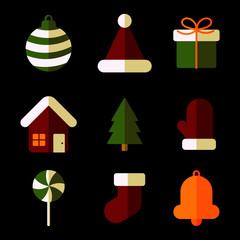 cute christmas flat icon set isolated on black background. vector Illustration.