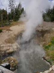 Portrait shot of smoke and steam spewing out of the Dragon's Mouth Spring at Yellowstone National Park.