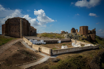Fototapeta na wymiar Old castle of Magacela with abandoned graveyard, Spain
