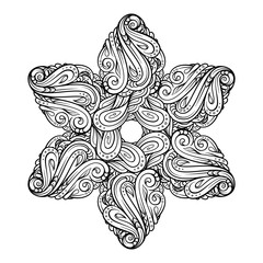 Black and white ethnic style snowflake shape mandala pattern for antistress coloring. Abstract coloring page.
