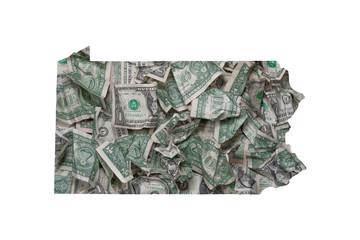 Pennsylvania State Map Outline with Crumpled Dollars, Government Waste of Money Concept
