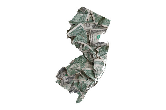 New Jersey State Map Outline with Crumpled Dollars, Government Waste of Money Co