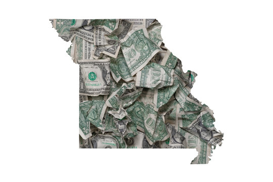 Missouri State Map, Crumpled Dollars, Waste of Money Concept