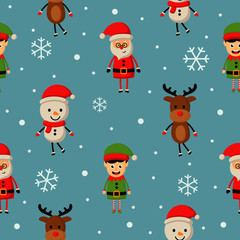 christmas characters seamless pattern on blue background. vector Illustration.