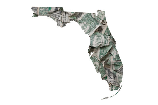 Florida State Map, Crumpled Dollars, Waste of Money Concept