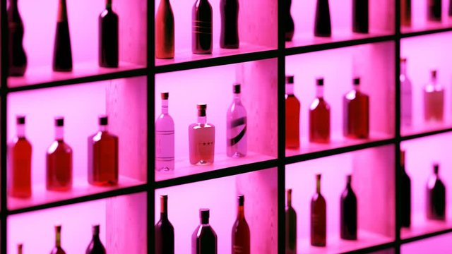 Bar shelf with bottles of different liquors. Alcohols collection. Loopable. 4KHD