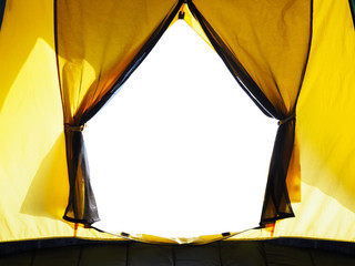 opening door of yellow tent camping isolated on white background. © KanchanaP