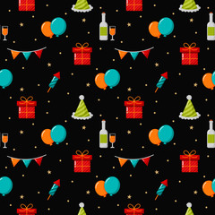 party celebration seamless pattern. birthday icons. christmas items on black background. vector Illustration.