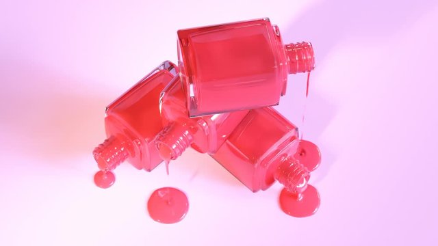 One shade of red nail polish spilled from stack of glass bottles. 4K HD