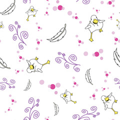 Duck on the run, duck running Seamless vector background with feather and other doodles. Surface Pattern Design