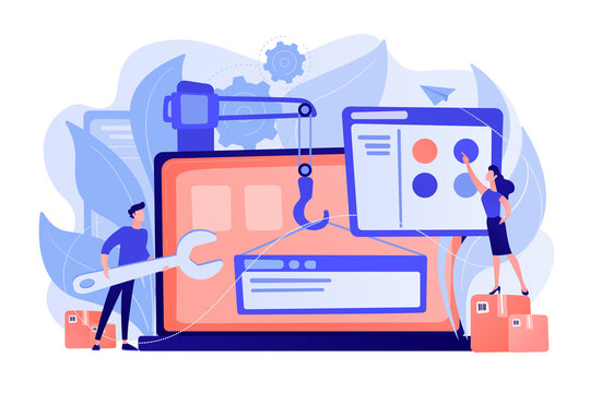 It professionals are creating web site on the laptop screen. Website development or web application, coding, designing for web browsers concept. Pinkish coral blue palette. Vector illustration on