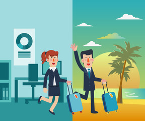 Successful businessman and business woman with suitcase. Business people vacation. Holidays time, recreation, travel and relaxation vector design. Beach sunset background