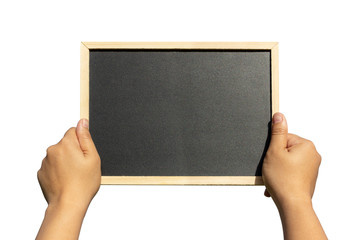 Hands holding a blank blackboard isolated on white background