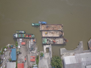 A top down view of a ships and vessels in a port or pier at Kuching, Sarawak, Malaysia