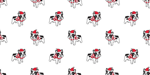 dog seamless pattern Christmas vector french bulldog Santa Claus hat polka dot stripes scarf isolated cartoon repeat background tile wallpaper illustration design