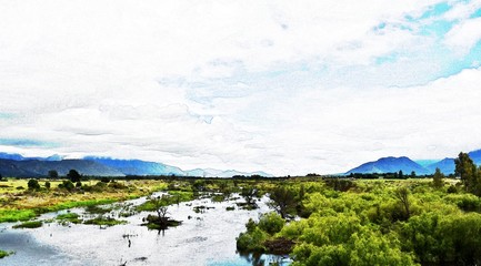 Fototapeta na wymiar Landscape with the Breede river and white clouds in blue sky