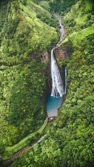 Vertical high angle shot of the waterfall among the forest captured in Kauai, Hawaii