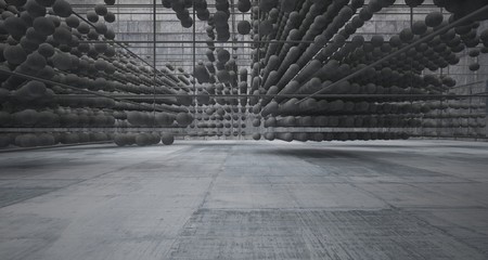 Abstract architectural concrete  interior  from an array of spheres with large windows. 3D illustration and rendering.