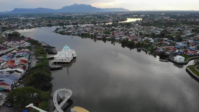 Aerial view of the beautiful floating mosque of Kuching  or also known as masjid india during sunset