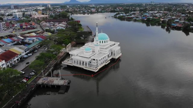 Aerial view of the beautiful floating mosque of Kuching  or also known as masjid india during sunset