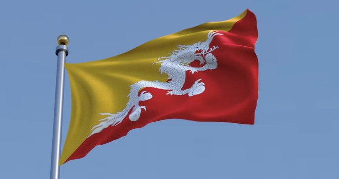 Bhutan flag in front of a clear blue sky 3D render