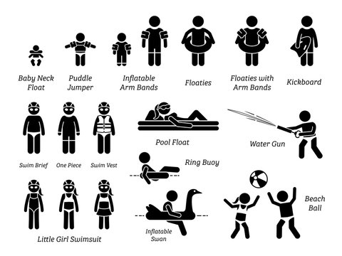 Children and kids swimming aids, safety equipment, recreational gears, and swimming pool water toys stick figure icons pictogram. Illustration cliparts of baby, toddler, and children swimming product.