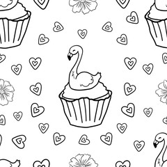 Easter cupcake Flamingo with for children and adults. Seamless pattern. Coloring page adult and kids. Baking with decor for the holiday. Pastry shop - Vector. Vector illustration