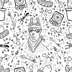 Cinco de Mayo design elements set Collection. Seamless pattern. Mexico art. Coloring page adult and kids. Festive design. - Vector.