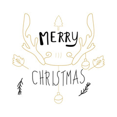 Merry Christmas calligraphy design doodle elements. antler, leaves and ball on white background. Hand Drawn vector illustration.