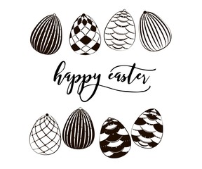 Black and white graphic easter eggs with holiday lettering for easter. Greeting card with the inscription Happy Easter on a white luxurious background with geometric elements, illustration