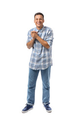 Portrait of cunning young man on white background