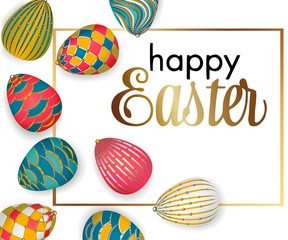 Black and white graphic easter eggs with holiday lettering for easter. Greeting card with the inscription Happy Easter on a white luxurious background with geometric elements, illustration