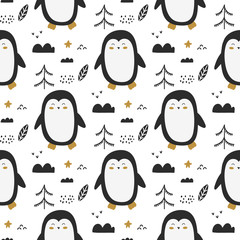 Obraz premium Penguins and trees hand drawn vector pattern illustration