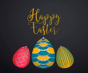 Golden easter eggs with flowers and holiday lettering for easter. Greeting card with Happy Easter lettering on a gold and black luxury background with geometric elements, illustration